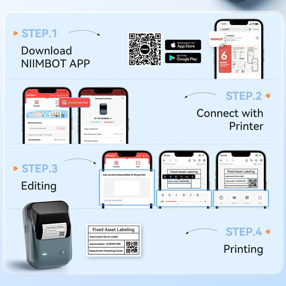 NIIMBOT B1 Portable Thermal Printer With Tapes 2 Inch Adhesive Label